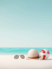 Poster - A playful 3D summer scene featuring a sun hat, sunglasses, and a beach ball on a sandy shore, with plenty of copy space around the items.