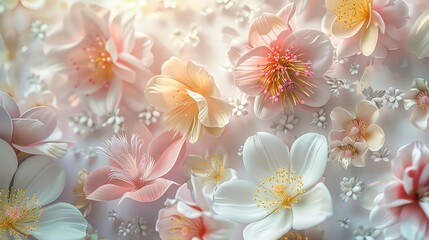 Canvas Print - A close-up image of a cluster of white, pink, and yellow flowers, showcasing their delicate petals and soft colors.