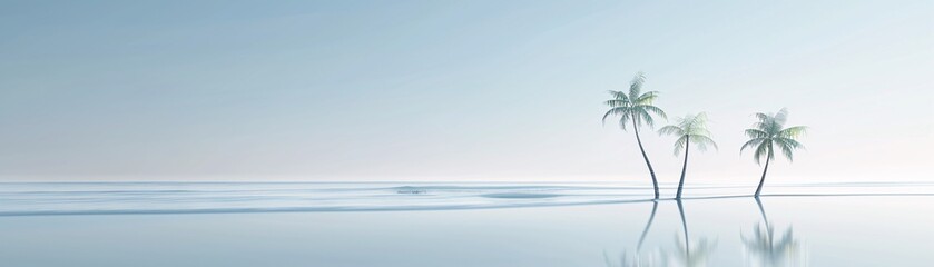 Poster - a minimalist 3d summer scene with a clear blue sky, a few palm trees, and gentle waves, leaving gene
