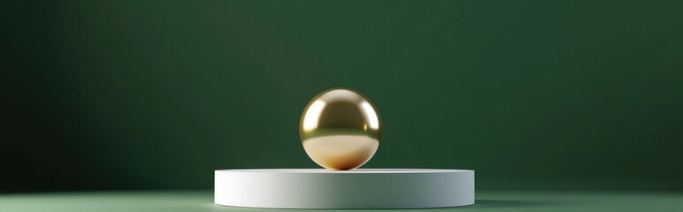 Poster - Green backdrop featuring a white pedestal or podium mockup vacant platform for product display and presentation pristine stage with a golden sphere 3D rendering