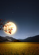 © artpluskr - Korean traditional holiday Chuseok thank you banner and Chuseok greeting card background with abundant autumn full moon, tiled house and rice ears