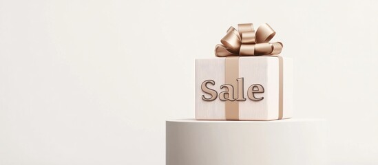 Poster - Minimalist product display for holiday promotion Gift box with Sale lettering and ribbon bow on a podium against a white backdrop 3D render illustration with clipping path for each element include