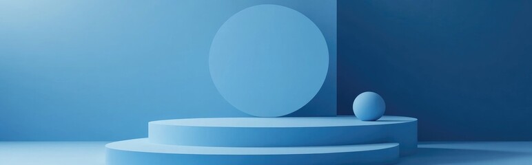Poster - Minimalist blue background featuring a stand or podium for product display with empty backdrops 3D rendering