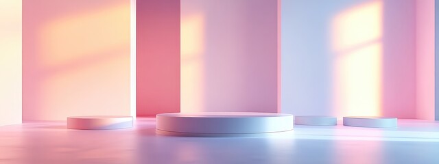 Poster - Empty 3D rendered studio featuring white geometric podium on the floor Abstract platforms for product display with a soft pink pastel background