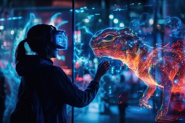 Wall Mural - Woman in VR headset touching virtual dinosaur