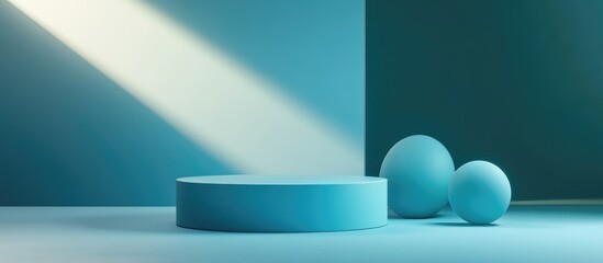 Poster - Minimalist blue podium for product display with geometric sphere shapes in the background Empty template featuring cylinder shape Blank stage for mockup presentation 3D rendered illustration