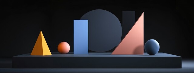 Poster - Colorful minimalistic empty display featuring abstract and primitive geometric shapes on a black isolated background Front view 3D rendering mockup