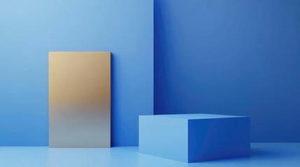 Leinwandbilder - Empty blue cube podium alongside a gold square on a blue backdrop Abstract minimalistic 3D geometric shapes for product design presentation 3D rendering