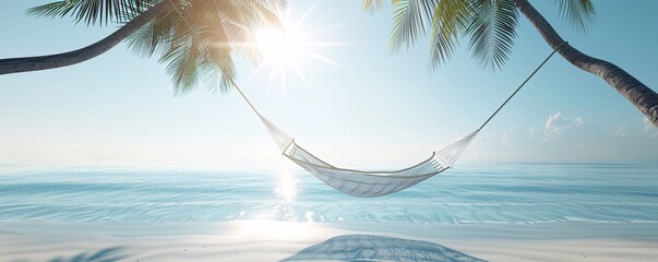 A vibrant 3D tropical background featuring a hammock between two palm trees, clear blue water, and a bright sun, providing plenty of copy space in the sky and water areas.