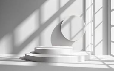 Poster - Abstract 3D studio background in white tones for showcasing cosmetic products An empty grey space featuring window shadows and a blurred backdrop for product display