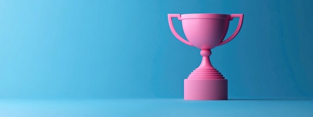 Poster - Pink trophy icon on a winner s podium against a blue background Minimalist design 3D illustration