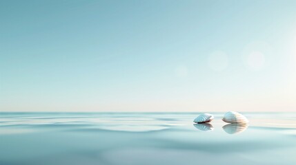Poster - A serene 3D beach scene with a calm ocean, clear blue sky, and a few scattered seashells, offering generous copy space in the upper portion of the image.