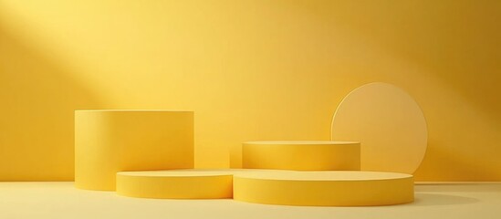 Poster - Yellow podiums against a pastel backdrop An abstract minimalist setting featuring geometric shapes ideal for showcasing cosmetic products Empty design space for mockups display or presentation pur