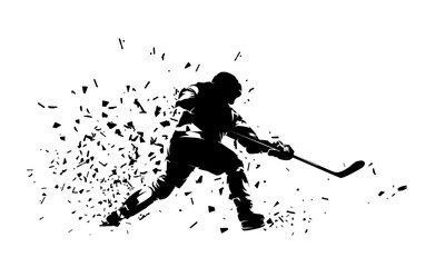 Wall Mural - Ice hockey, hockey player shooting puck, isolated vector silhouette with distortion effect