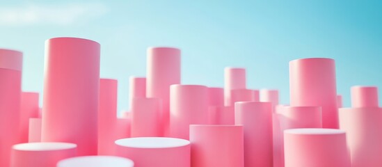 Poster - Abstract background featuring pink cylinders set against a sky blue backdrop High quality 3D rendering and illustration