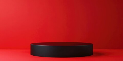 Poster - Black podium on round stage for award ceremony 3D rendered pedestal set against a red background