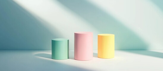Poster - Three colorful cylinders in green pink and yellow on a minimalist podium against a simple background 3D rendering