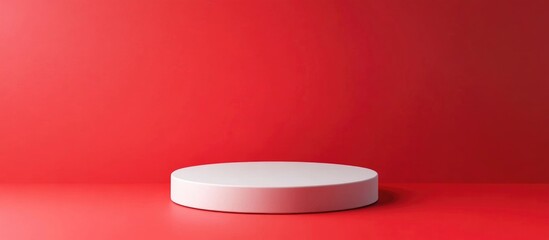 Poster - Empty white podium against a red backdrop Mockup display for product showcase 3D rendering Minimalist design Advertising template
