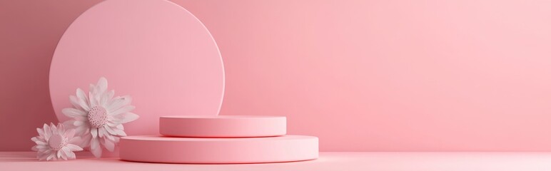 Poster - Creative mock up featuring geometric podium shapes for product presentation against a pink backdrop 3D rendering 3D illustration