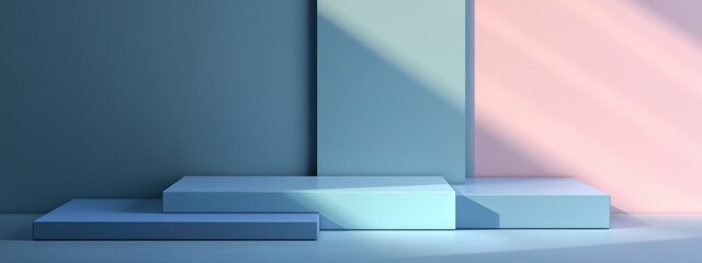 Poster - Minimalist podium with abstract background featuring geometric shapes and isometric frame Empty shelves suitable for product display or commercial showcase 3D rendering
