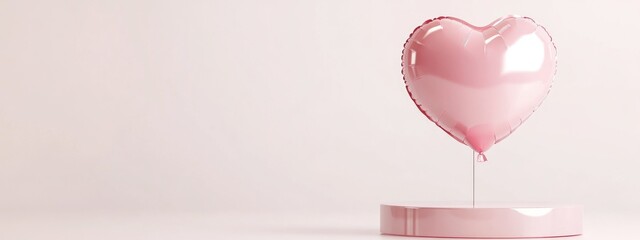 Poster - Pink heart shaped balloon and display stand for product showcasing on a white background