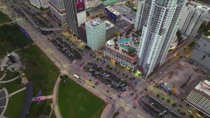 Poster - Urban landscape of downtown district of Miami Brickell in Florida, USA. Skyline with high skyscraper buildings and street with traffic in modern American megapolis