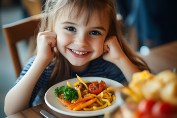 Close up portrait of smiling Cute little kid girl eating dinner