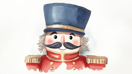 Watercolor illustration of a toy soldier with a blue hat and red uniform, featuring detailed facial features and gold accents.