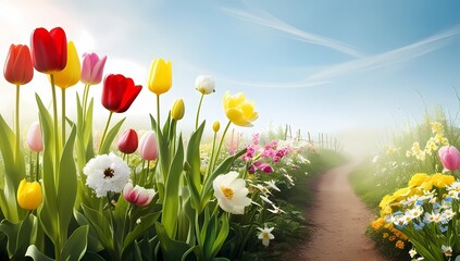 Illustration of a Picturesque spring meadow with blooming flowers and a clear, sunny sky.