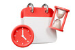 © Theeraphat - 3d Red Calendar with clock icon on isolated purple background. Reminder notification or Time management concept. Website Ui design icon. Minimal 3d cartoon red calendar time zone icon. 3d render.