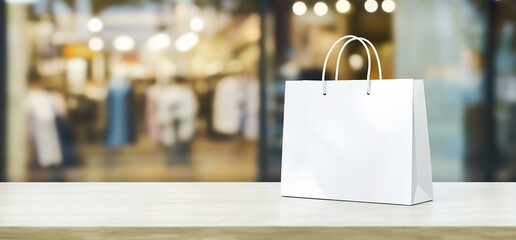 Wall Mural - White blank paper shopping bag on a table with a blurred store background