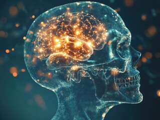 Poster - Abstract 3D Render of Human Skull with Glowing Brain -  Artificial Intelligence, Technology, and Neurology Concept