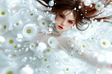 A woman in a white dress is floating in a pool of water. The water is filled with small, round, white objects that resemble flowers. The scene is serene and peaceful