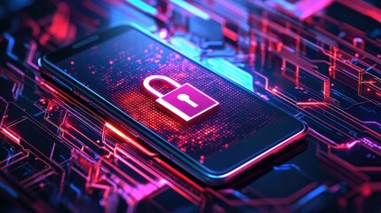Poster - A smartphone screen showcases a digital padlock surrounded by vibrant circuitry and data streams, representing advanced security for mobile devices