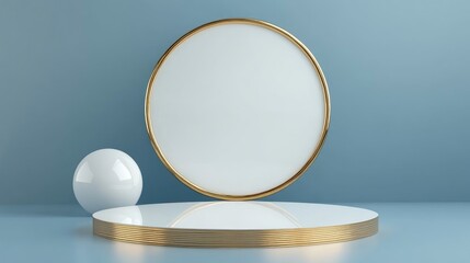 Poster - Empty white cylinder podium with a gold border and a spherical object set against a blue backdrop Abstract minimalistic 3D geometric shape for product display mockup 3D rendering