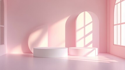 Poster - empty 3d rendered studio featuring geometric shapes with a white podium on the floor abstract platfo
