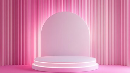 Poster - White and pink pedestal against a pink backdrop with neon lights for showcasing business products exhibitions fashion and cosmetics in 3D rendering
