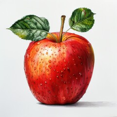 A close-up illustration of a red apple with dew drops on its skin, featuring two green leaves at the top