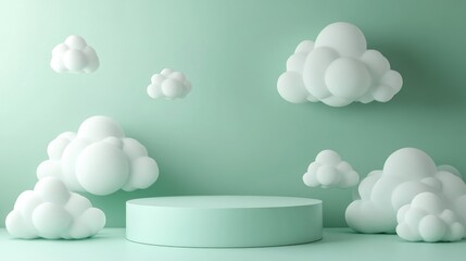 Poster - modern podium with cartoon clouds on a green background 3d rendering for product presentation a disp