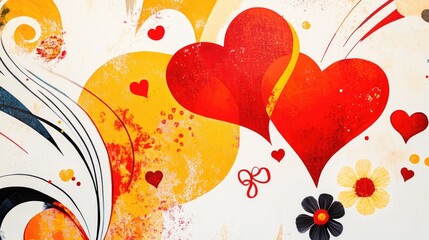 Poster - Vibrant abstract design featuring red hearts and symbols against a white background incorporating floral elements