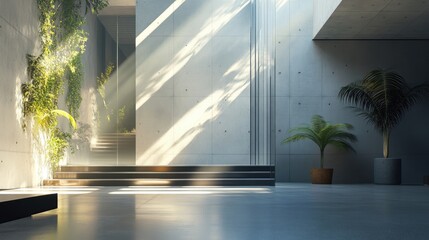 Poster - Modern interior featuring glass and concrete elements creating a captivating architectural backdrop illustrated in 3D rendering