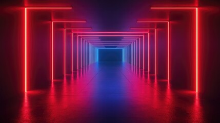 Poster - Neon glowing lines illuminate a dark tunnel casting reflections on the floor and ceiling creating an abstract futuristic scene with an empty central background 3D rendering