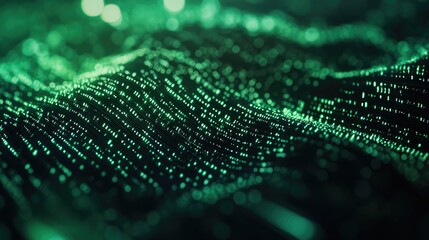 Poster - Futuristic digital data stream featuring luminous abstract binary code lines on a dark green backdrop highlighting themes of cyber security and data science