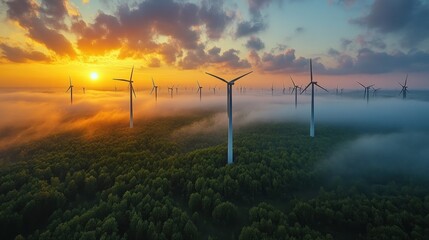 Poster - Wind Turbines in a Misty Sunrise