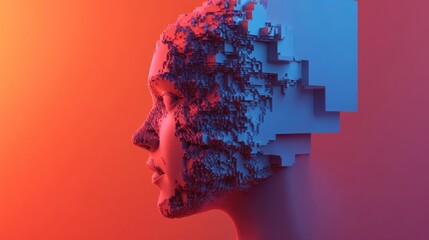Poster - Voxel head profile illustration representing complexity and development in a 3D render design