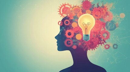 Poster - illustration of gears and a light bulb within a human silhouette symbolizing creative thinking and i