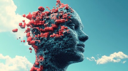 Poster - Voxel head profile illustration representing complexity and development in a 3D render design