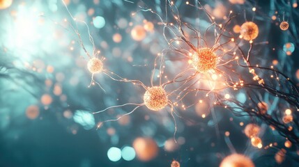 Poster - Abstract medical background featuring neuronal networks cells nerve endings and electrical impulses close up of small organic spheres in a 3D rendering