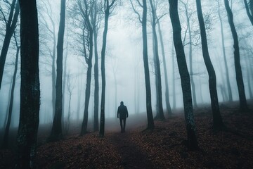 Silhouetted person walking in misty forest