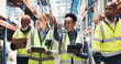 © LuxeShutter24/peopleimages.com - Warehouse, supply chain and people with tablet in discussion for inspection checklist, export or plan. Dropshipping, meeting and work with tech by shelf for inventory, update or operations management